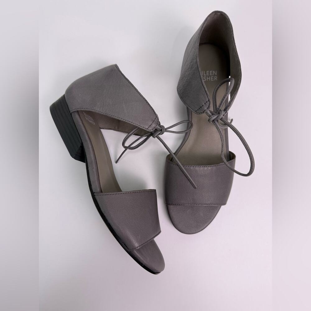 Eileen Fisher Ely Gray Leather Lace-Up Ankle Tie Block Heel Sandals Women’s Sz 7